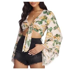 Windsor L Tropical Floral Palm Tree Tie Up Front Long Flare Sleeve Crop Top